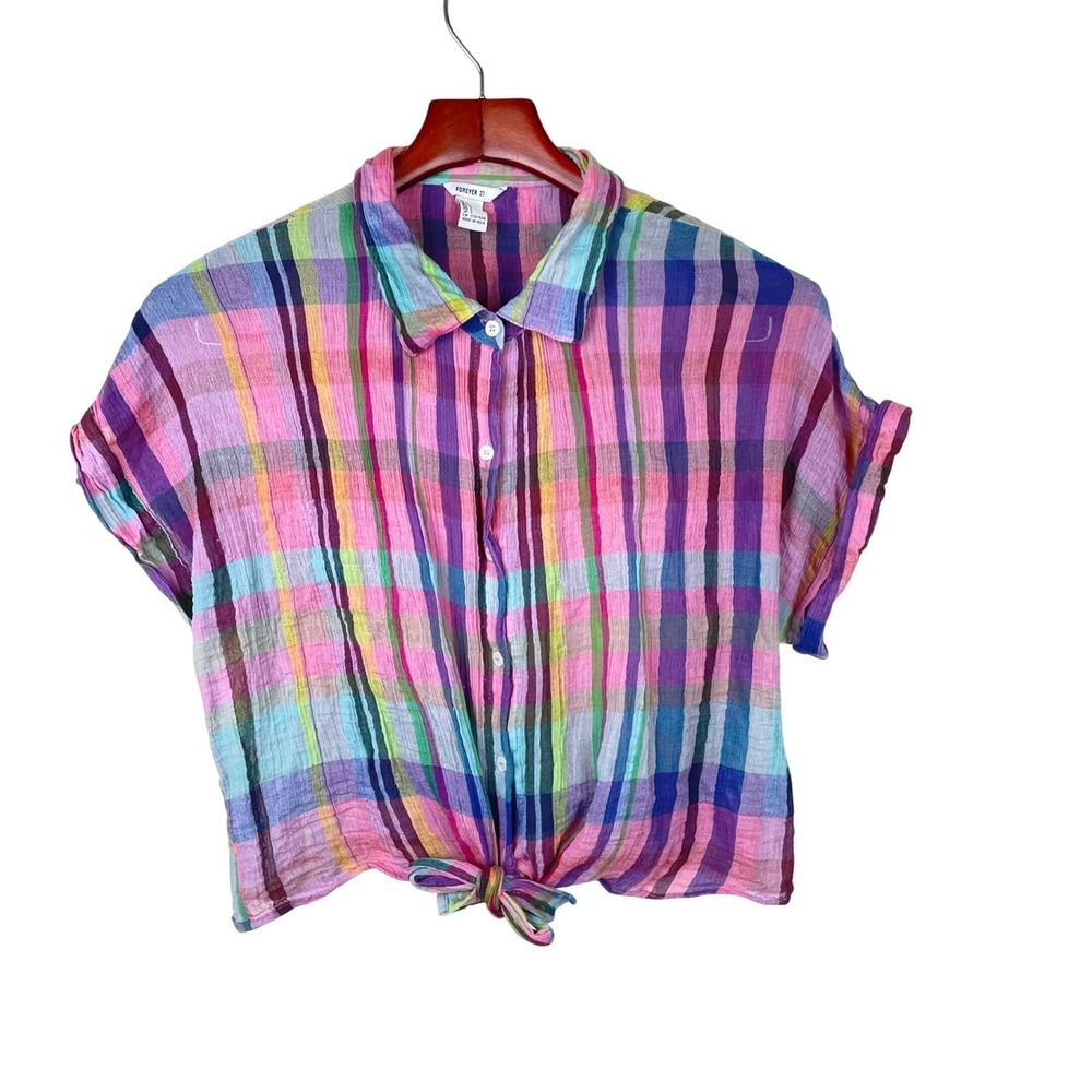 Top Sz L %100 Cotton Western Plaid Indie Grunge Cropped Twee Retro Rainbow Boho